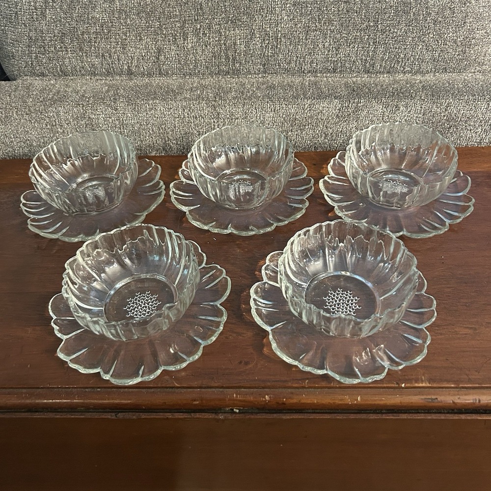 Vtg Colony Glass Garden Club Peony Dessert Bowls with Attached Underplates 1950s